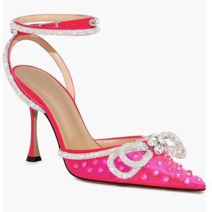 New Mach & Mach Crystal Double Bow Pointed Toe Studded Pumps